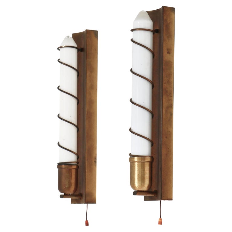 Art Deco Wall Lamps in Brass and Opaline Glass, Denmark, 1940s For Sale