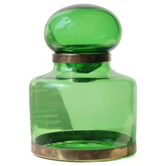 Large Vintage Murano Italian 1970s Mouth Blown Green Jar Bonbonniere Vase Brass