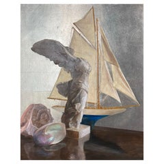 Still Life with Sailboat, Nautilus and Nike, Oil and Silver Leaf on Panel