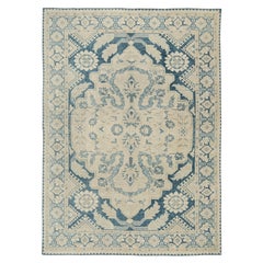 Vintage Turkish Rug in Blue with Beige Floral Pattern by Rug & Kilim