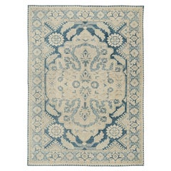 Vintage Turkish Rug in Blue with Beige Floral Pattern by Rug & Kilim