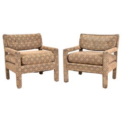 Milo Baughman Style Mid-Century Modern Upholstered Parsons Club Chairs, Pair