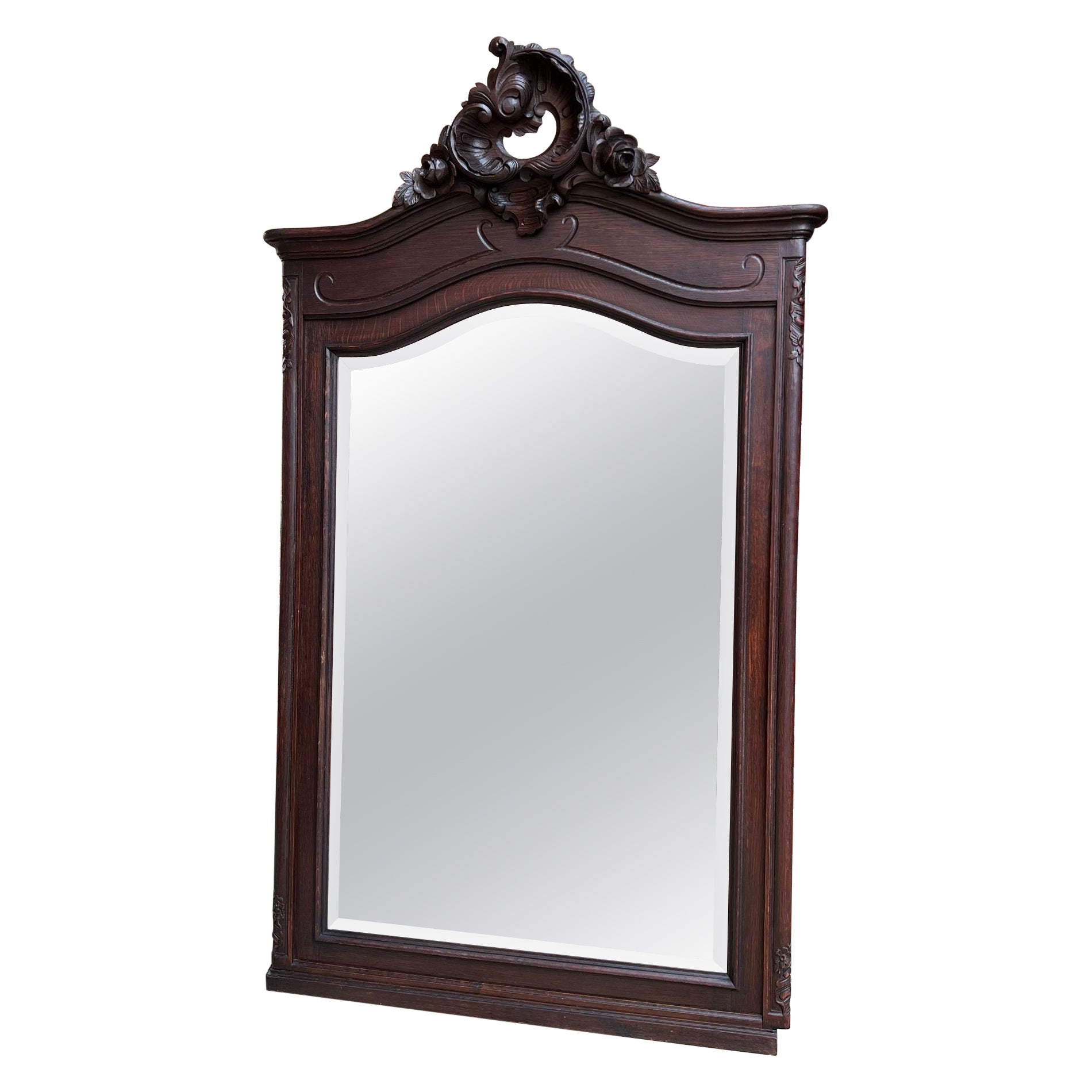 Antique French Pier Console Wall Mirror Louis XV Carved Oak, 19th Century For Sale