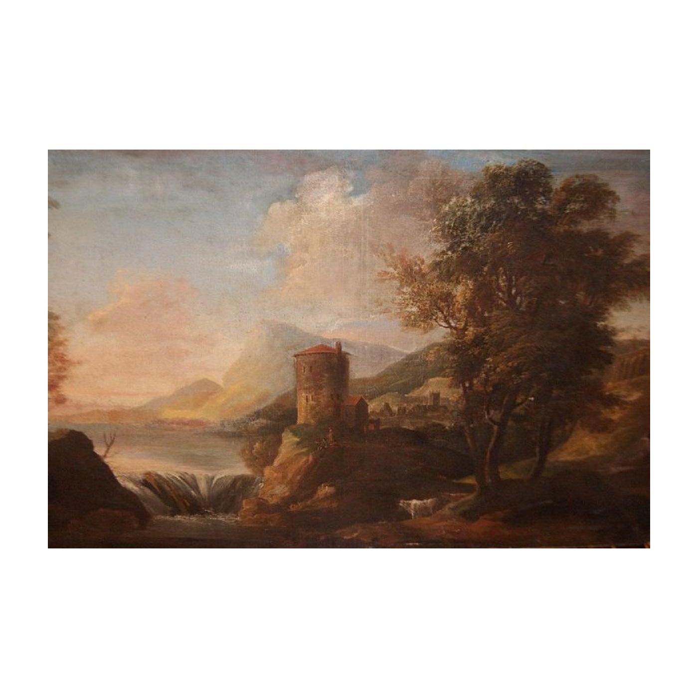 Antike italienische Landschaft in Öl auf Leinwand aus den 1700er Jahren mit Figuren