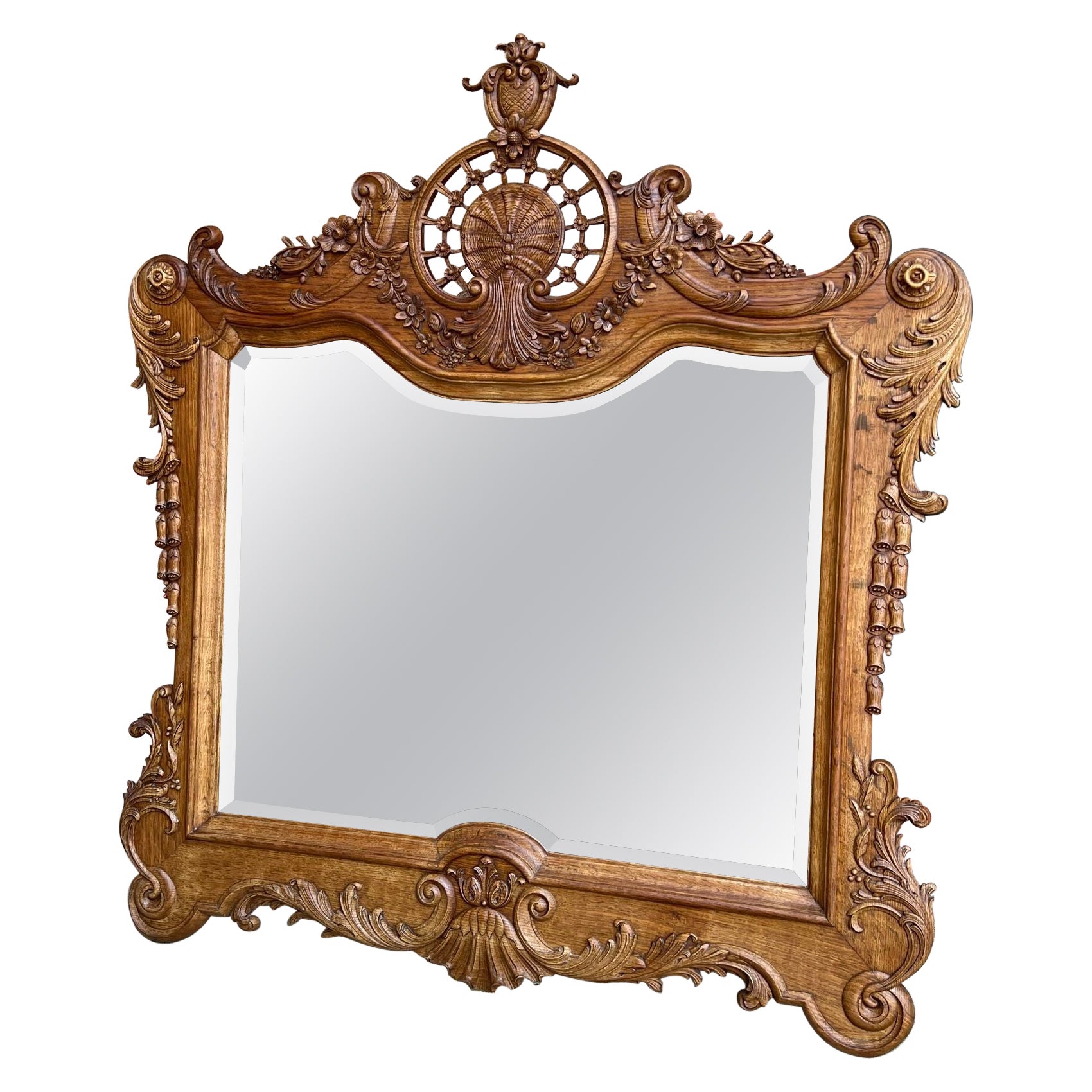Antique French Wall Mirror Louis XV Carved Oak Stripped Finish, 19th Century For Sale