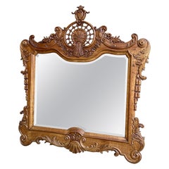 Antique French Wall Mirror Louis XV Carved Oak Stripped Finish, 19th Century