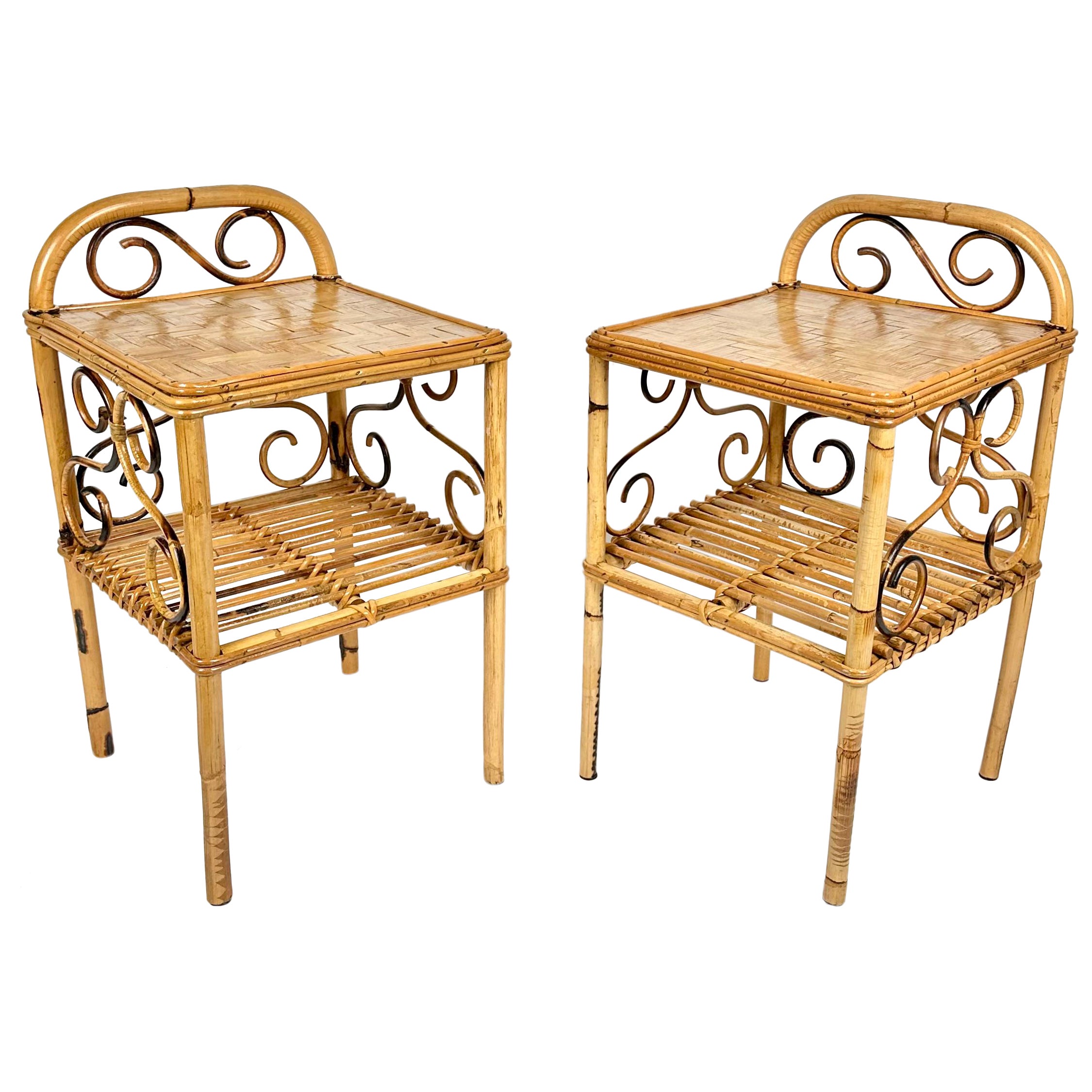 Midcentury Pair of Bedside Tables Nightstands in Bamboo and Rattan, Italy, 1960s