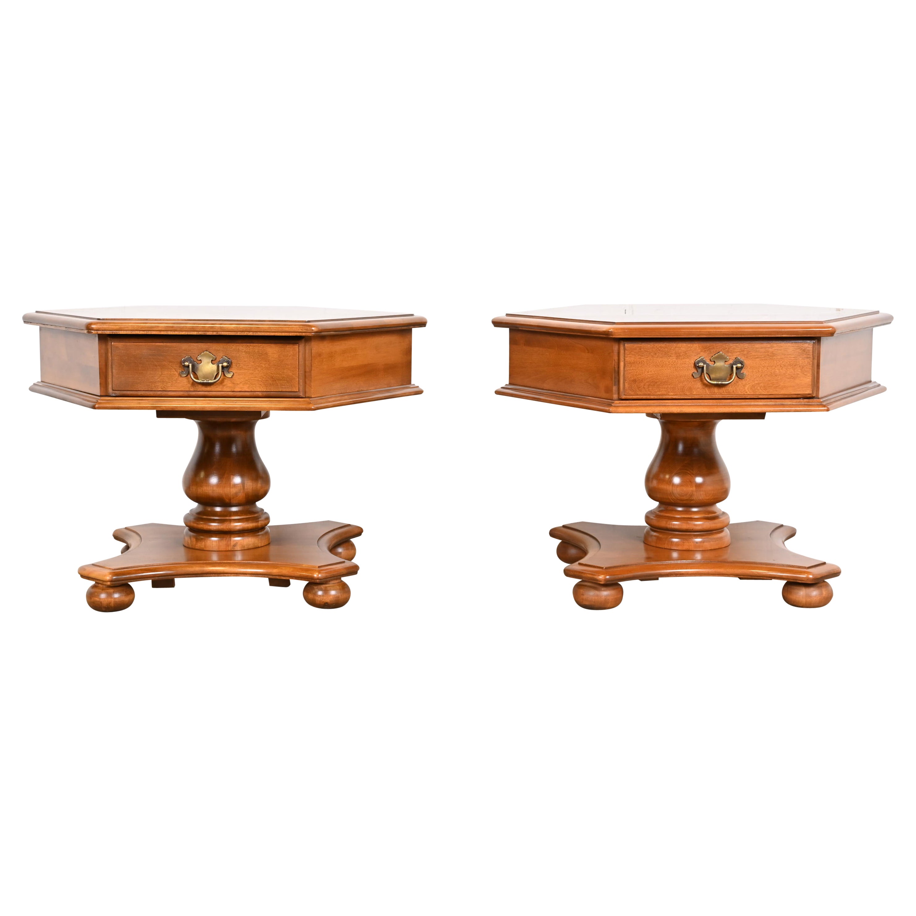 American Colonial Solid Birch Pedestal Side Tables, Pair