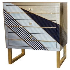 Italian Postmodern Dark Blue Cream Gold Gray Chest / Nightstand on Brass Legs