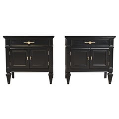 Thomasville French Regency Louis XVI Black Lacquered Nightstands, Refinished