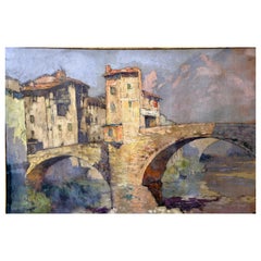 Retro Oil on Canvas Signed Léon Broquet, the Old Bridge in Sospel