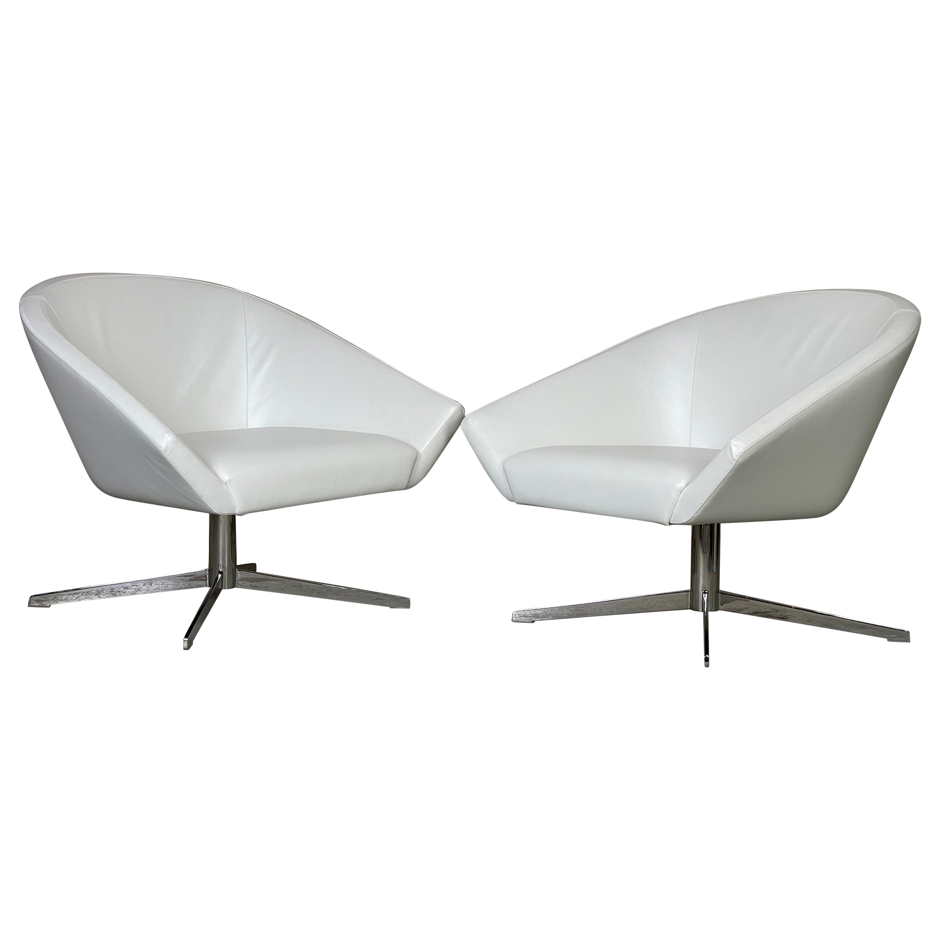 White Leather Swivel Lounge Chairs by Jeffrey Bernett for Bernhardt
