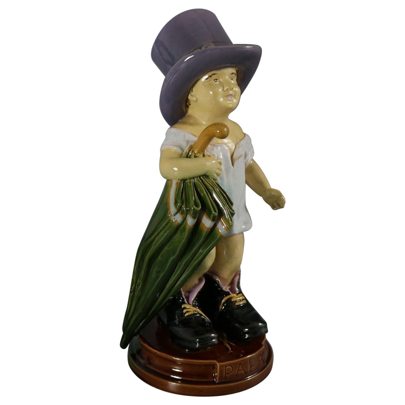 Brownfield Majolica Figure of a Child, Titled PAPA For Sale