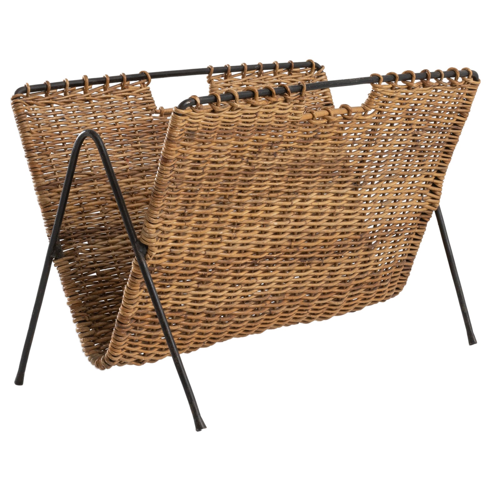 1960s French Metal and Wicker Magazine Rack