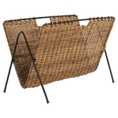 1960s French Metal and Wicker Magazine Rack