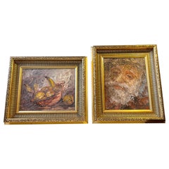 2 Danish Oil Palette Paintings: Old Man Portrait & Fruit Bowl by J. P. Nielsen