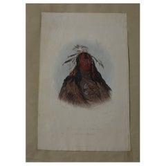 Antique Coloured Lithograph Print Native American Flat Head Warrior, 1842
