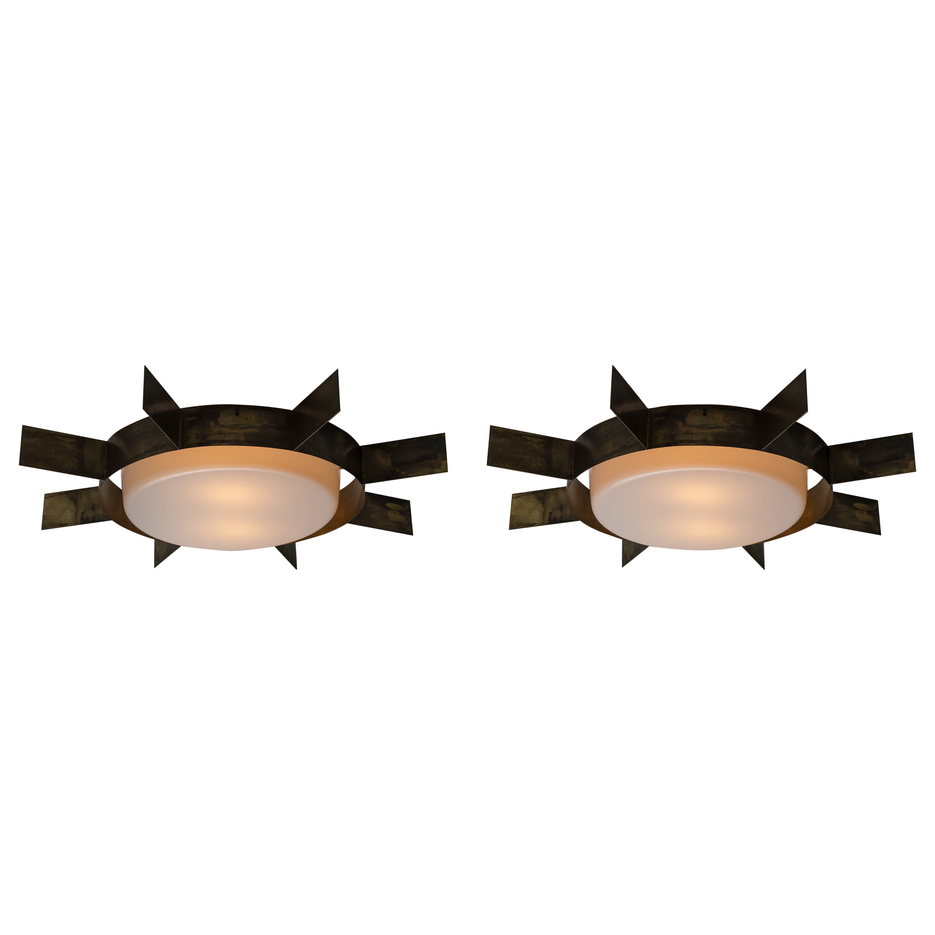 Mod. Sole Flush Mounts by Gio Ponti for Arredoluce. Designed and manufactured in Italy, in 1957. Minimal impressionistic sun flush mounts, composed of a brass frame and acrylic shade. A very rare and iconic piece of Gio Ponti. Each lamp holds two