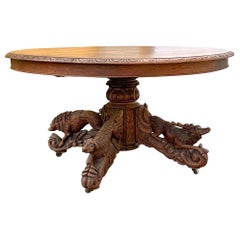French Black Forest Style Carved Oak Center / Dining Table, Dog, Deer, Boar