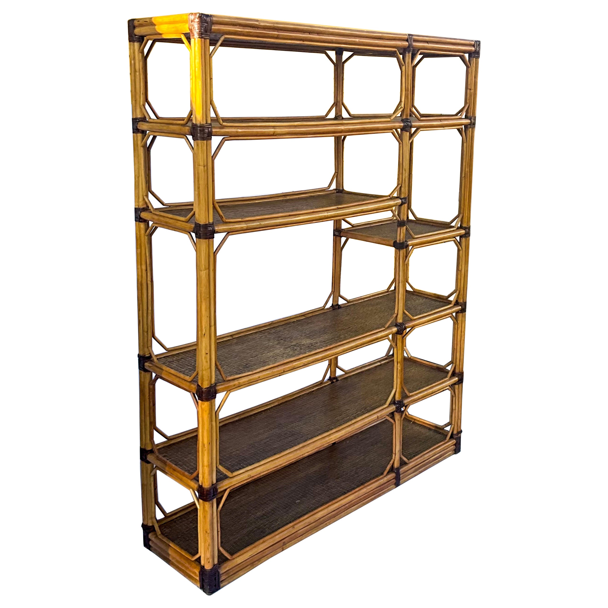 McGuire Style Modern Rattan / Bamboo Leather Wrapped Etagere / Shelf / Bookcase  For Sale