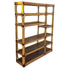 Retro McGuire Style Modern Rattan / Bamboo Leather Wrapped Etagere / Shelf / Bookcase 