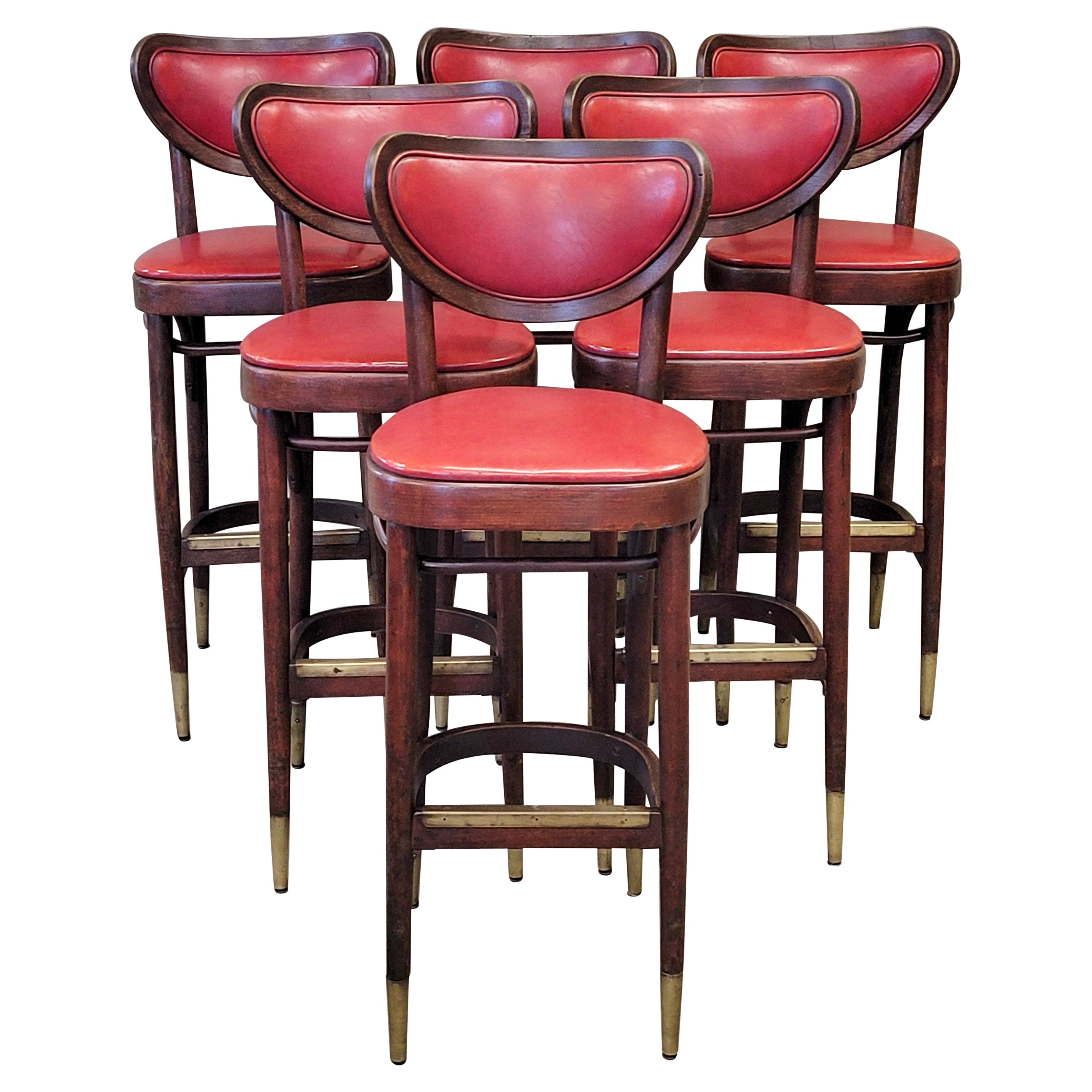 Vintage Bentwood Bar Stools with Original Ruby Red Vinyl and Brass Accents