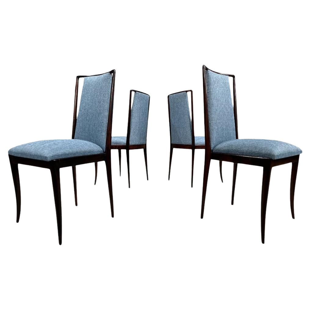 Brazilian Modern 4 Chair Set in Hardwood & Blue Fabric by G. Scapinelli, Brazi For Sale