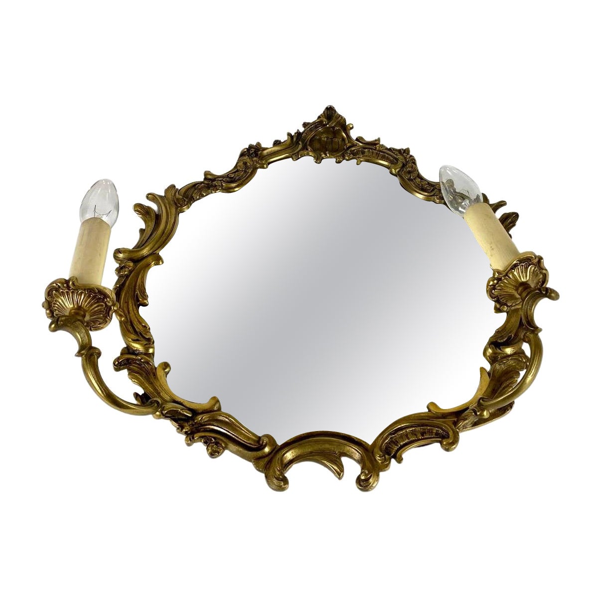 Unusual Vintage Mirror with Two Sconces Brass Framed Wall Mirror For Sale
