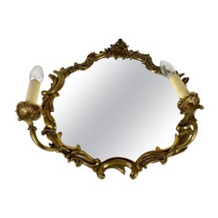 Unusual Retro Mirror with Two Sconces Brass Framed Wall Mirror