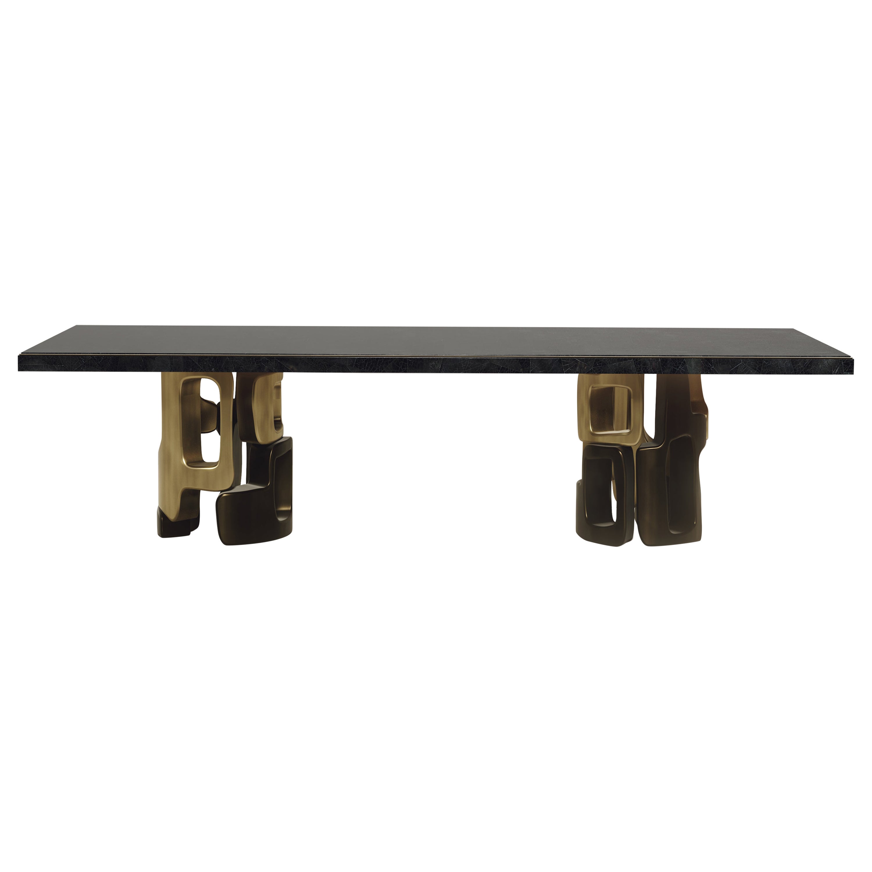 Shell Inlaid Dining Table with Bronze Patina Brass Details by Kifu Paris For Sale