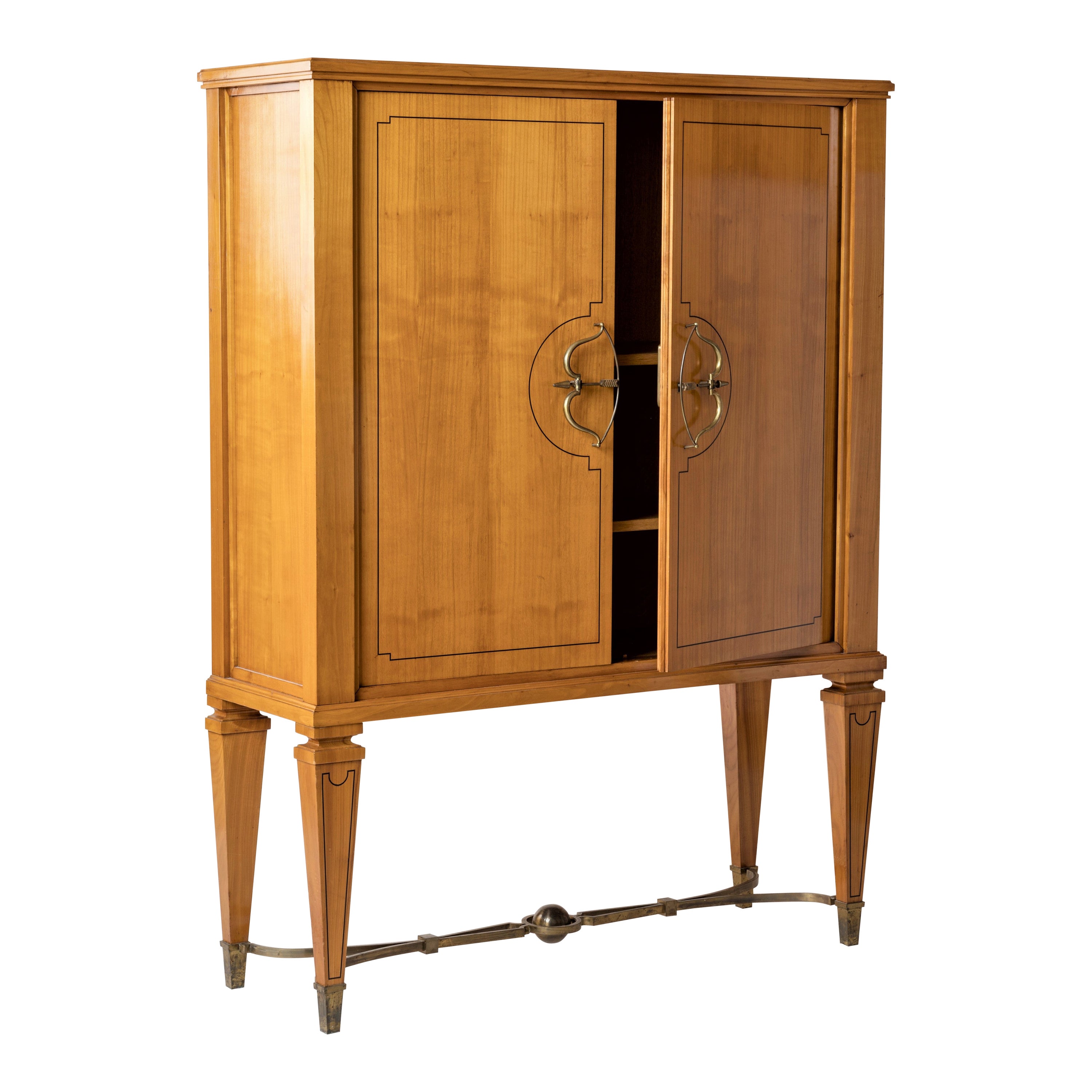 Fruitwood & Marqueterie High Cabinet W. Bronze Ferronerie by Jansen, France  For Sale
