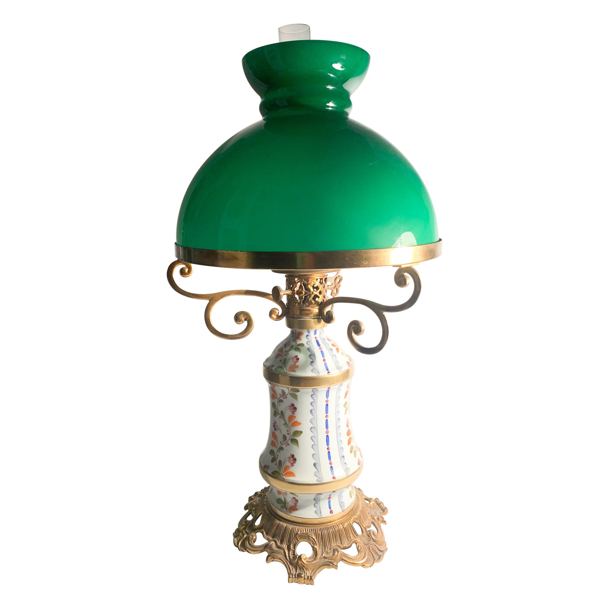 Table Lamp in Hand Painted Sevres Porcelain and Glass Lampshade from the 1940s