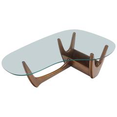 Organic Kidney Shape Glass Top Walnut Coffee Table w/ Planter 2