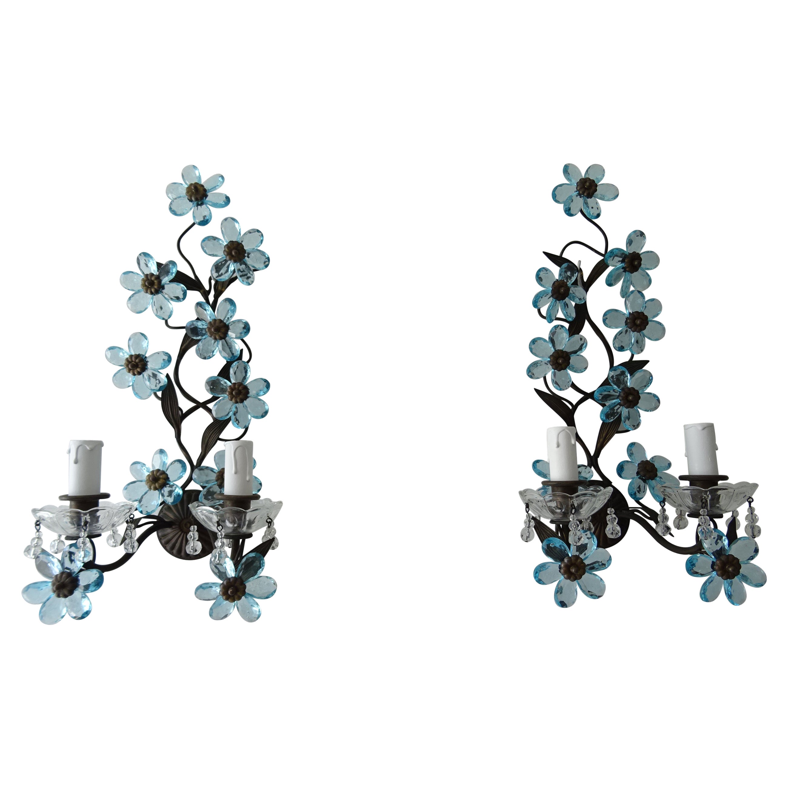 Blue Flower Maison Baguès Crystal Flower Sconces Signed, circa 1920