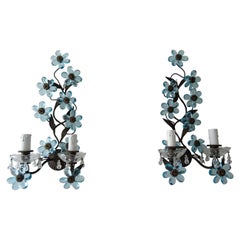 Antique Blue Flower Maison Baguès Crystal Flower Sconces Signed, circa 1920