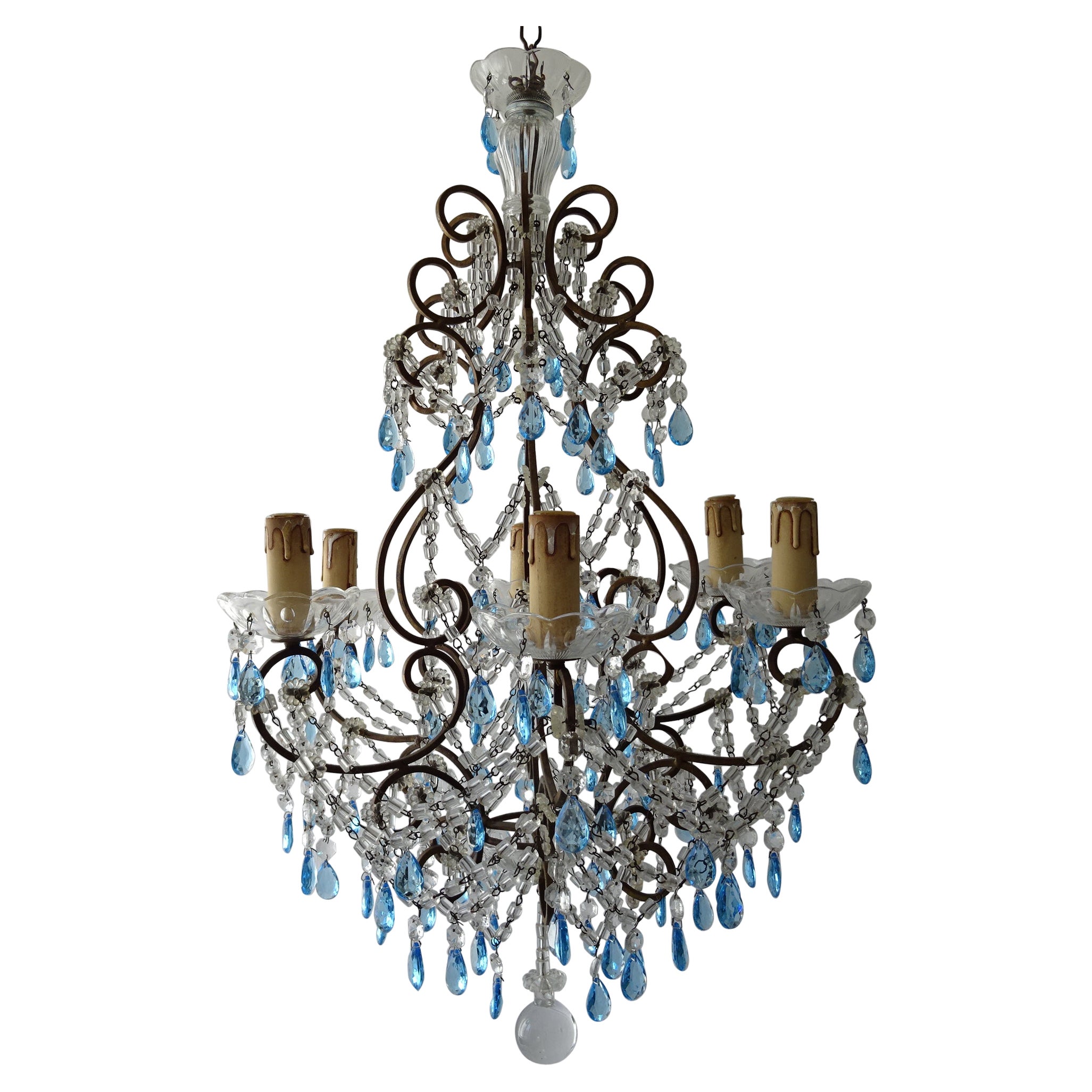 French Blue Prisms Loaded Macaroni Beads Chandelier, 1920s  For Sale