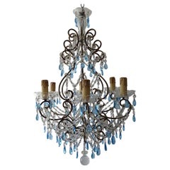 French Blue Prisms Loaded Macaroni Beads Chandelier, 1920s 