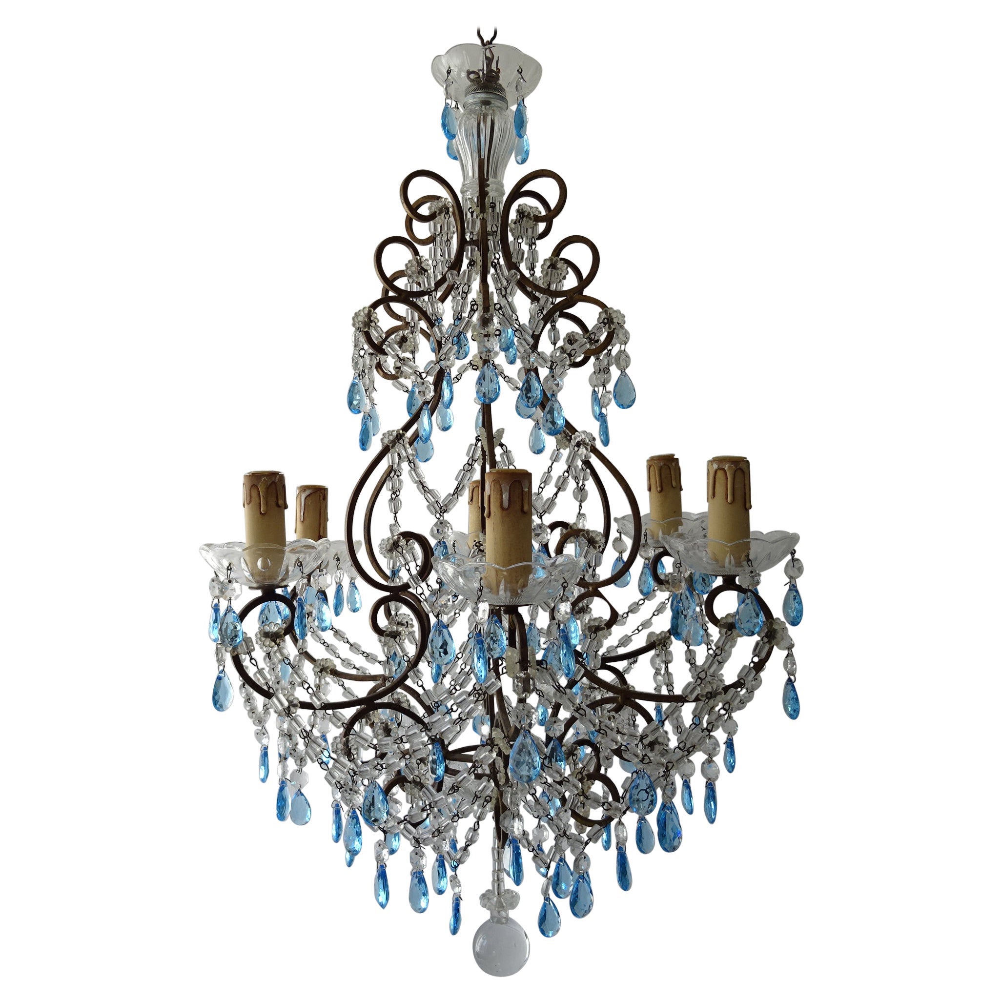 Lampadario francese a prismi blu con perle di maccheroni, anni '20