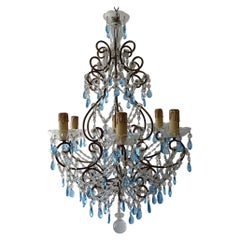 Lustre français à prismes bleus en perles de Macaroni, années 1920