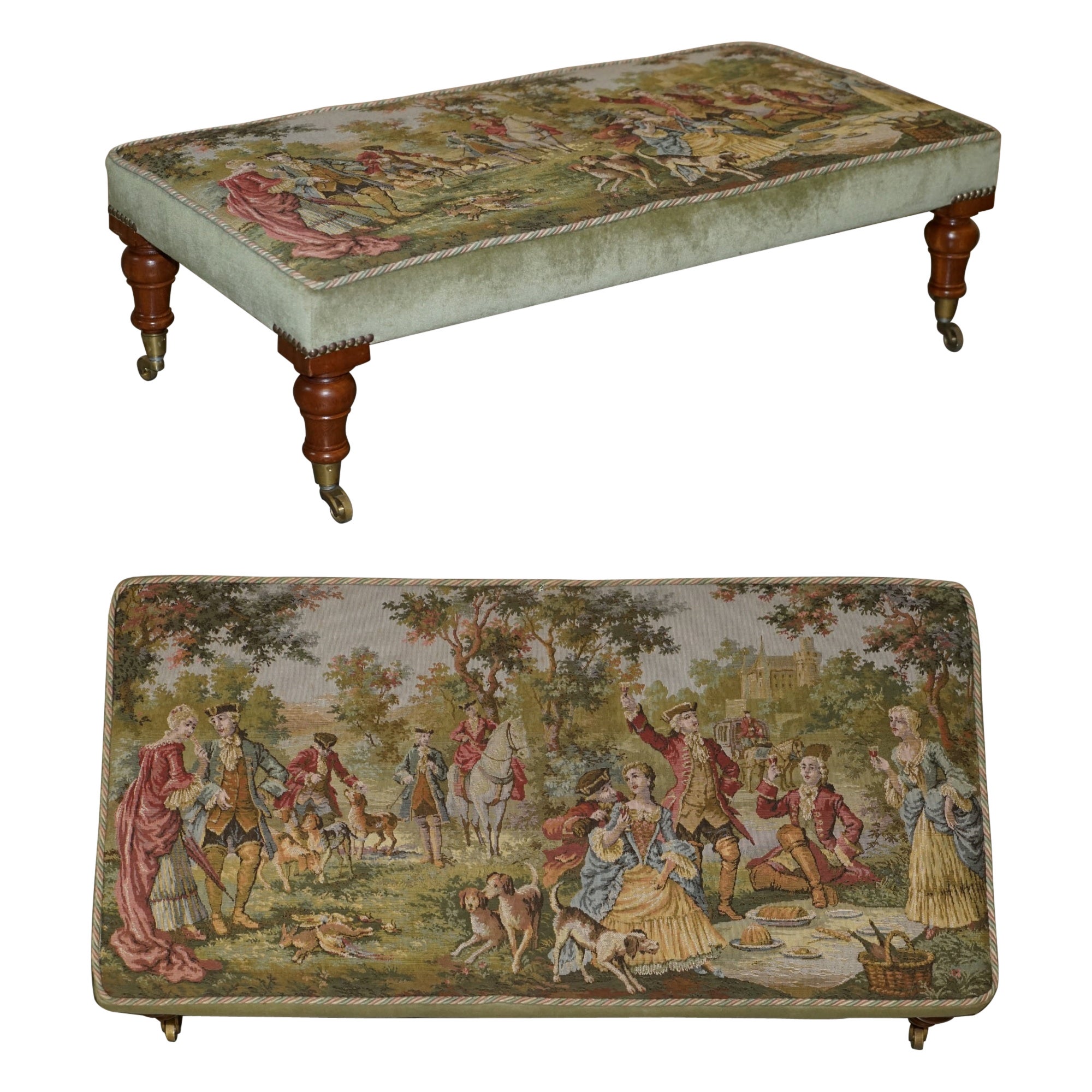 Victorian Antique William & Mary Style Hardwood Embroidered Footstool Ottoman For Sale