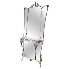 Italian Mirror, Brass Frame with Swan Ornaments and Marble Shelf