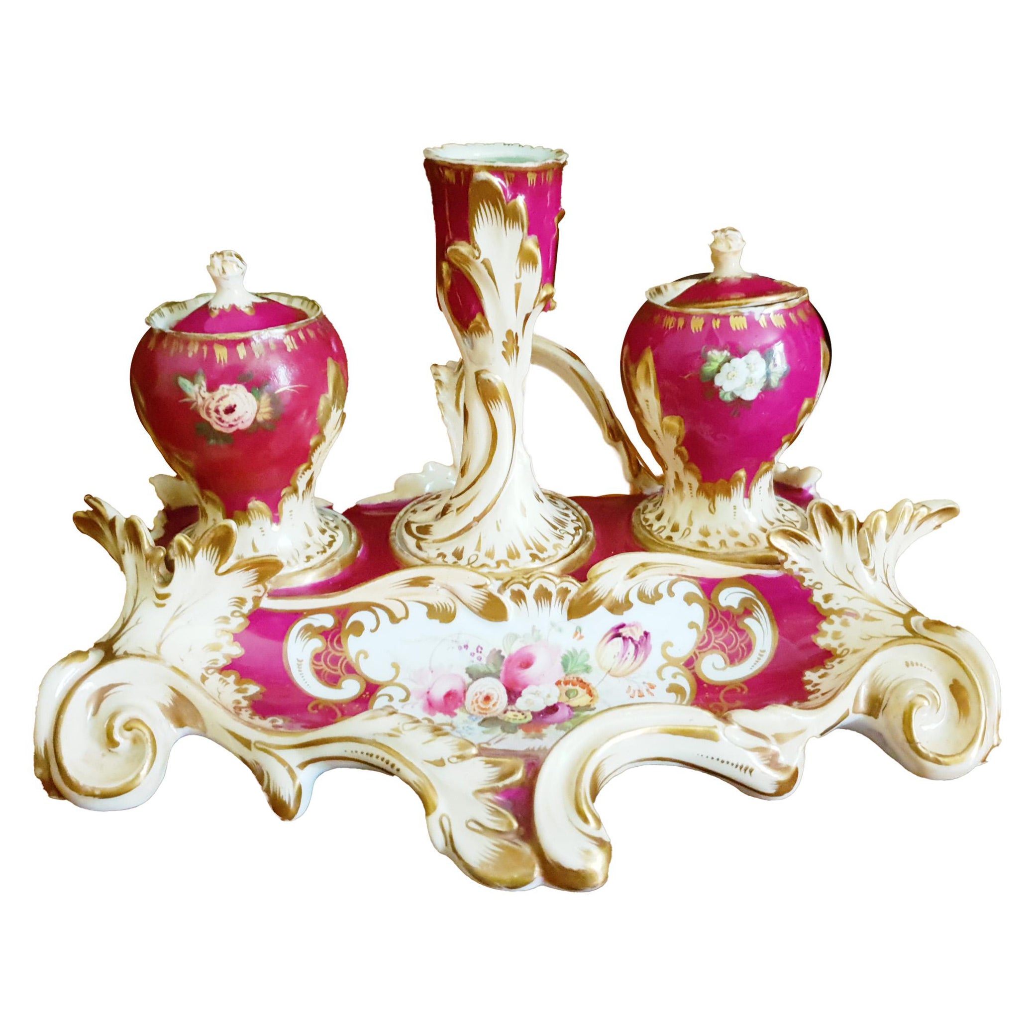 Early 19th Century Minton Hand Painted Ruby Red Inkwell For Sale