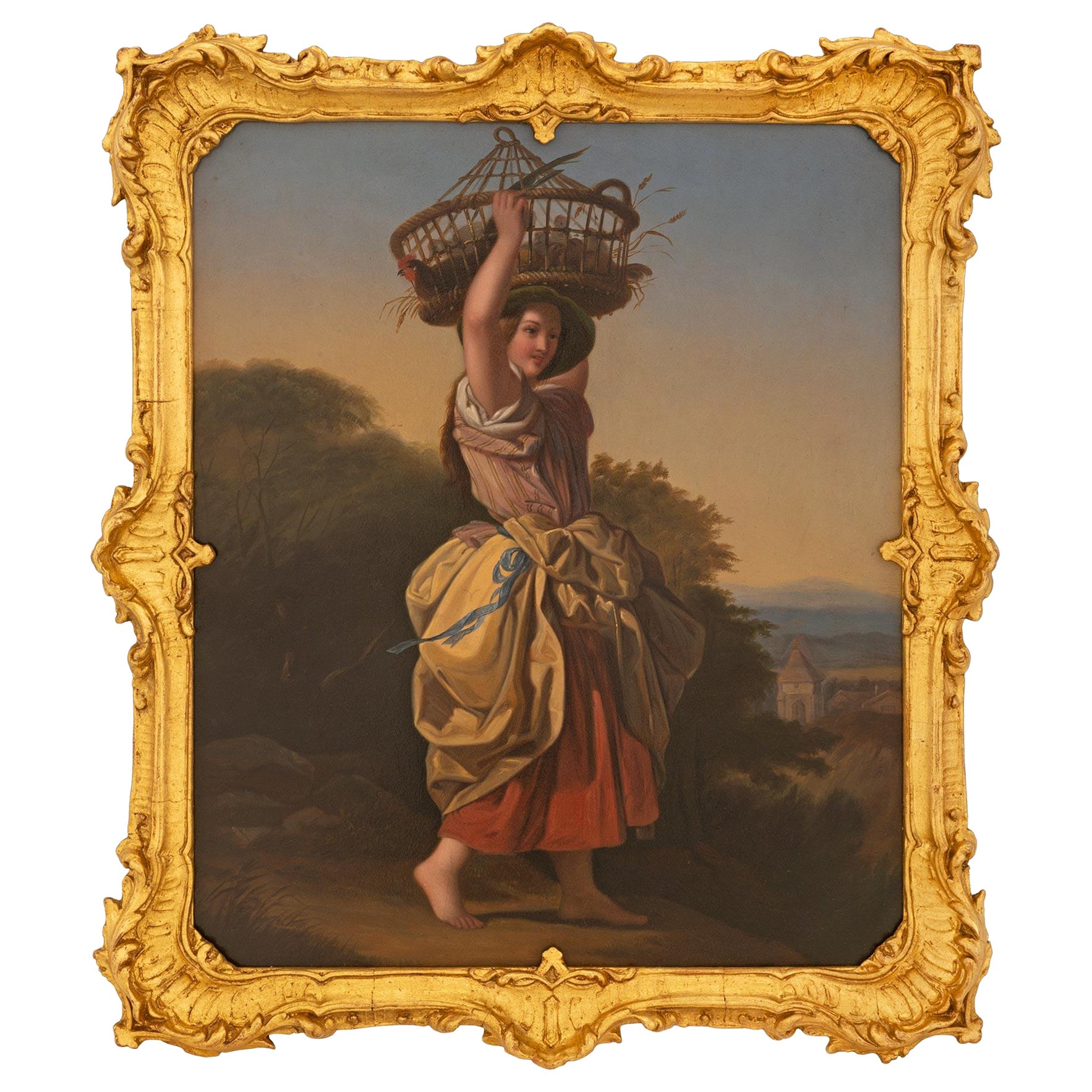 Peinture française du 18ème siècle à l'huile sur cuivre dans son cadre d'origine en bois doré
