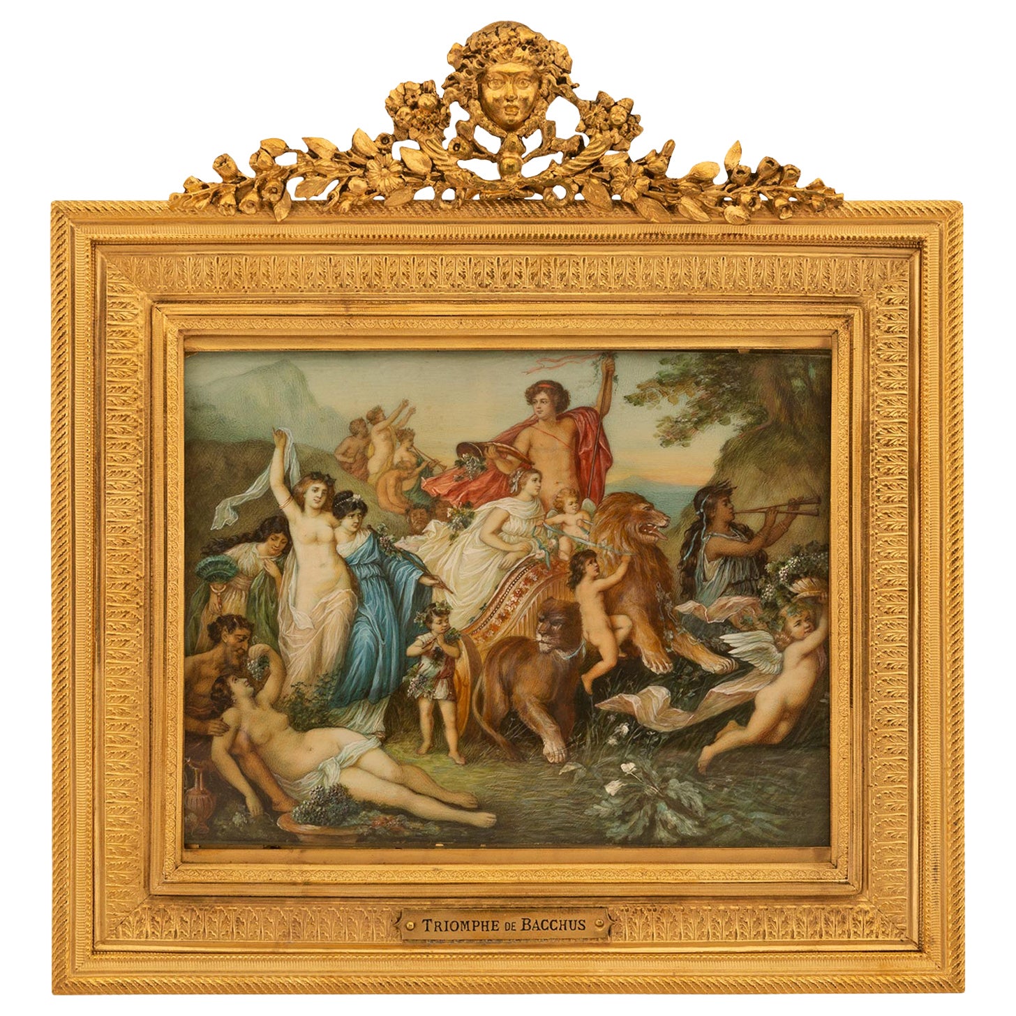 Aquarellgemälde im Louis-XVI-Stil des 19. Jahrhunderts in seinem Originalrahmen im Angebot