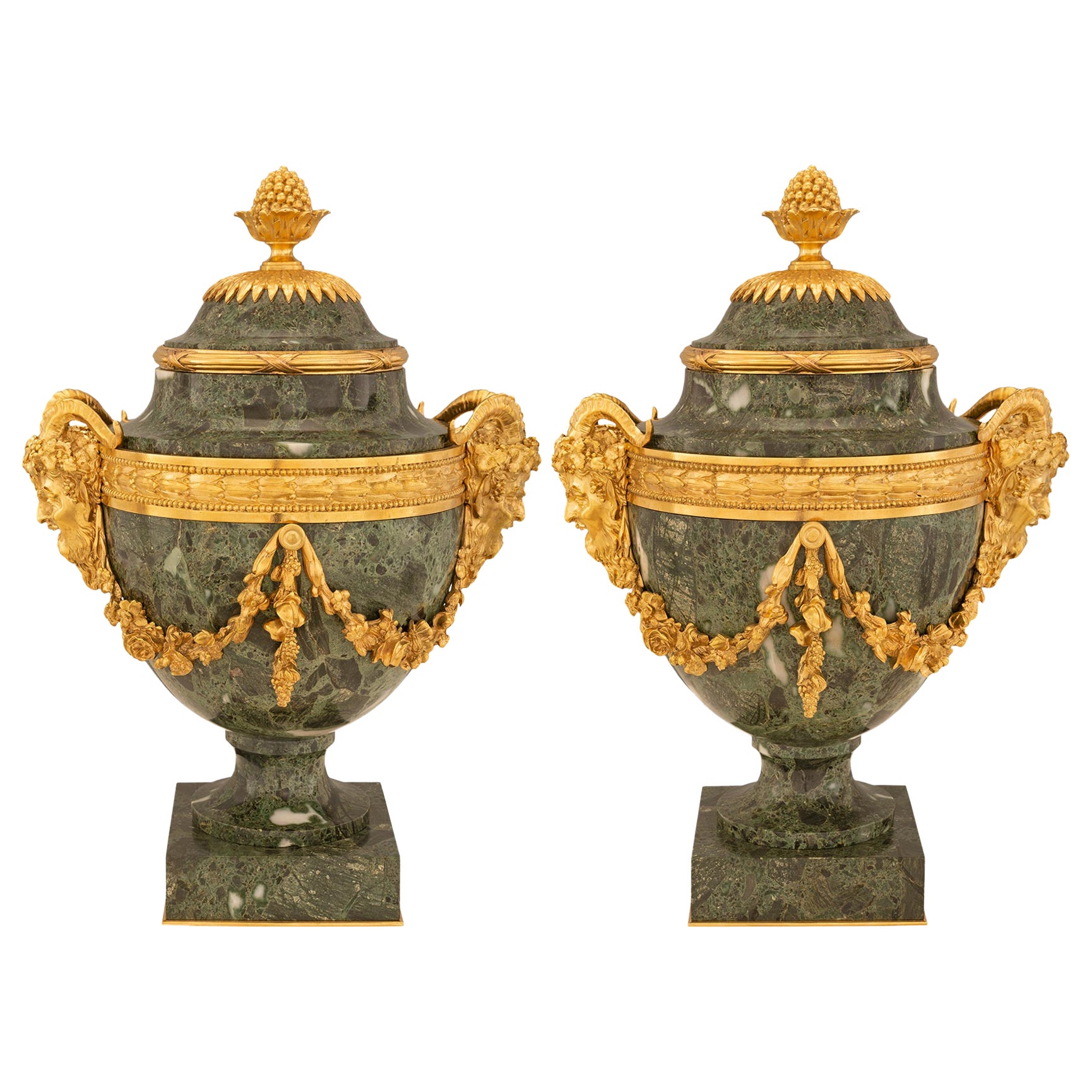 Pair of French 19th Century Belle Époque Period Marble and Ormolu Urns For Sale