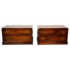 Pair Mid-Century Modern Campaign Low Chests / Nightstands, Flame Mahogany, Baker
