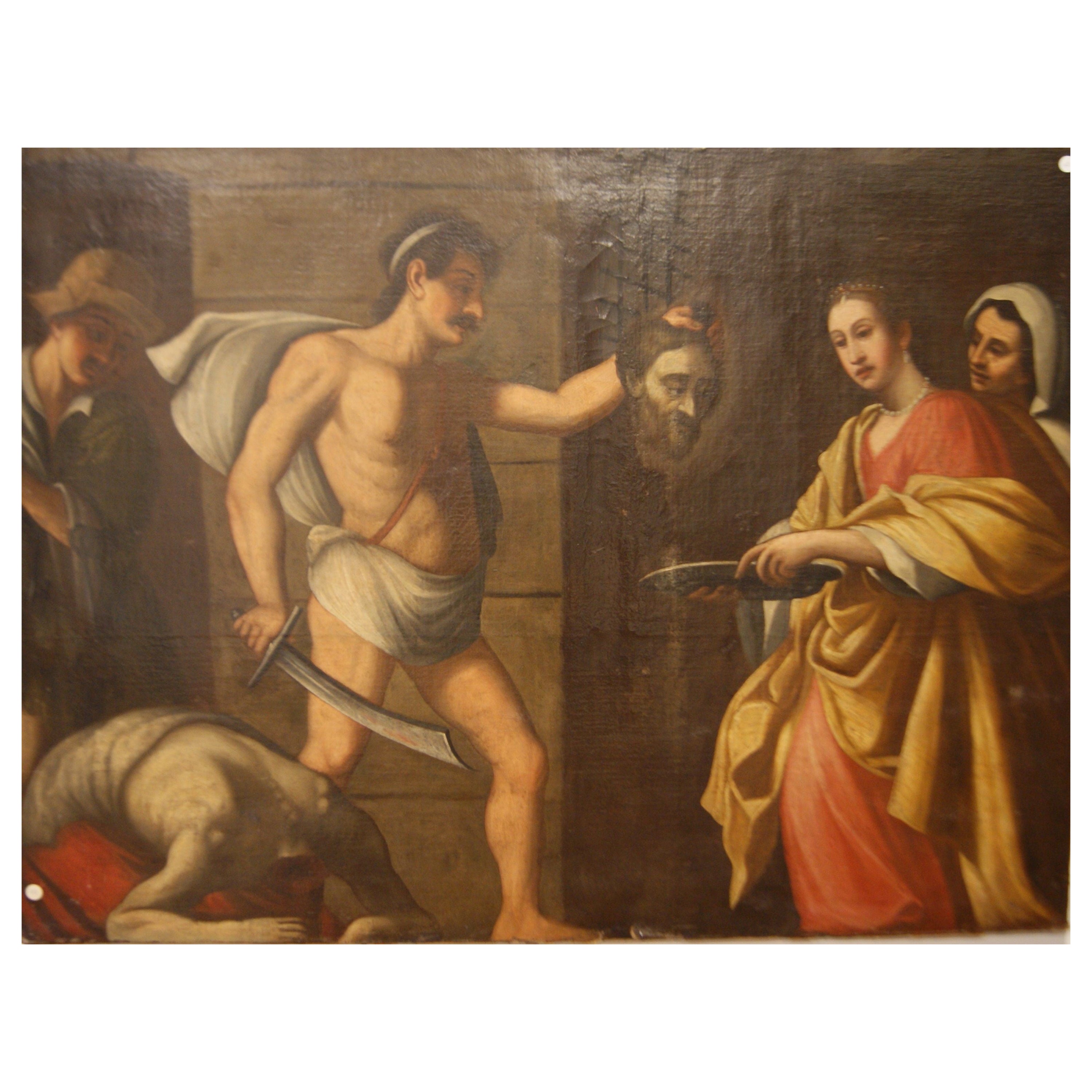 Magnifique peinture italienne de Salomé avec la tête de Jean le Baptiste, huile sur toile en vente
