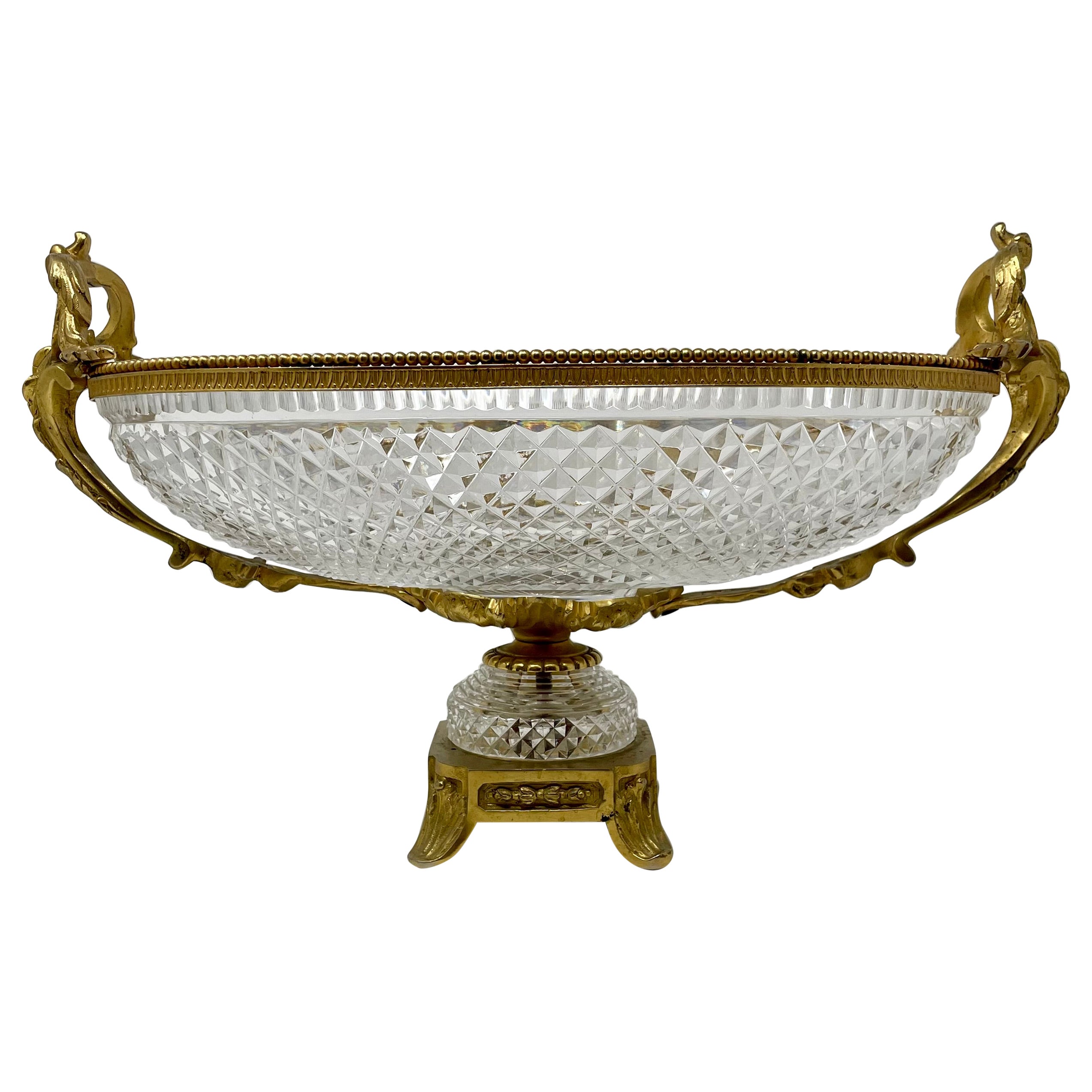 Antique French Cut Crystal & Gold Bronze Bowl Centerpiece, circa 1890 For Sale