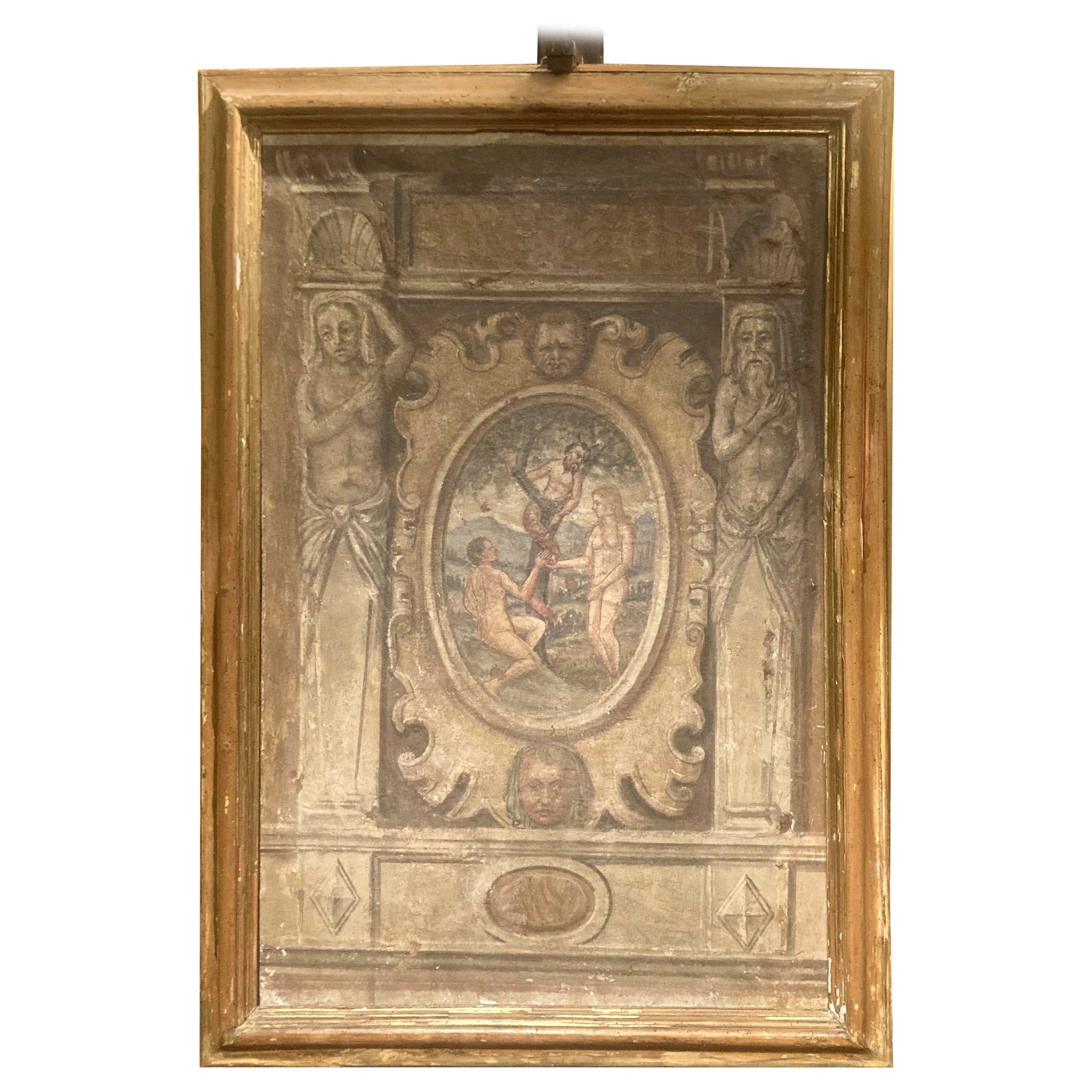 Tempera Fresco sur toile de la Renaissance italienne du 16ème siècle, Adam et Ève en vente