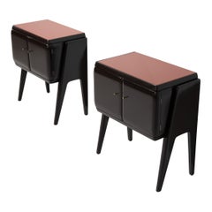 Pair of Bedside Tables in Black Lacquered Wood, Brass and Glass, 1950s